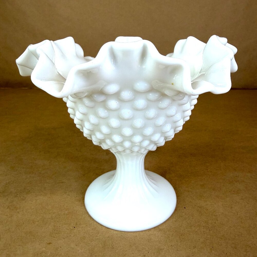 Vintage Fenton White Milk Glass Hobnail Ruffled Pedestal Compote Candy Dish Vase